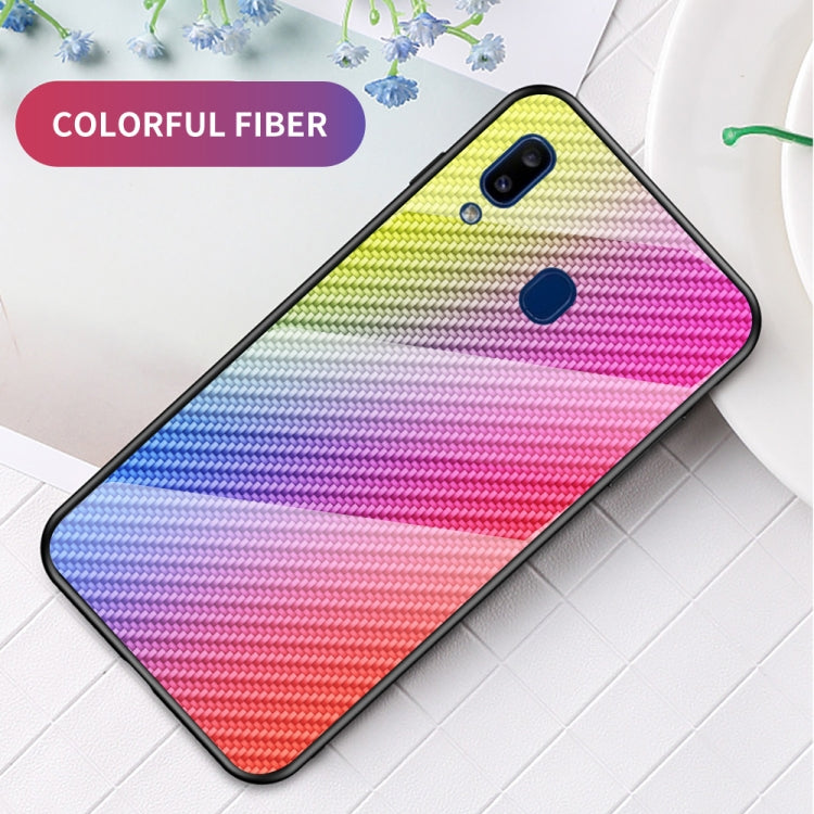For Samsung Galaxy A20e Gradient Carbon Fiber Texture TPU Border Tempered Glass Case