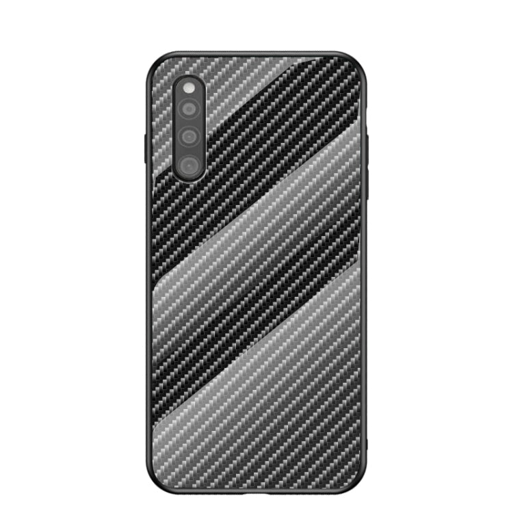 For Samsung Galaxy A41 Gradient Carbon Fiber Texture TPU Border Tempered Glass Case