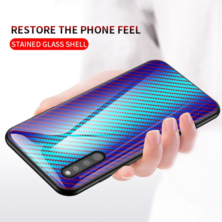 For Samsung Galaxy A41 Gradient Carbon Fiber Texture TPU Border Tempered Glass Case