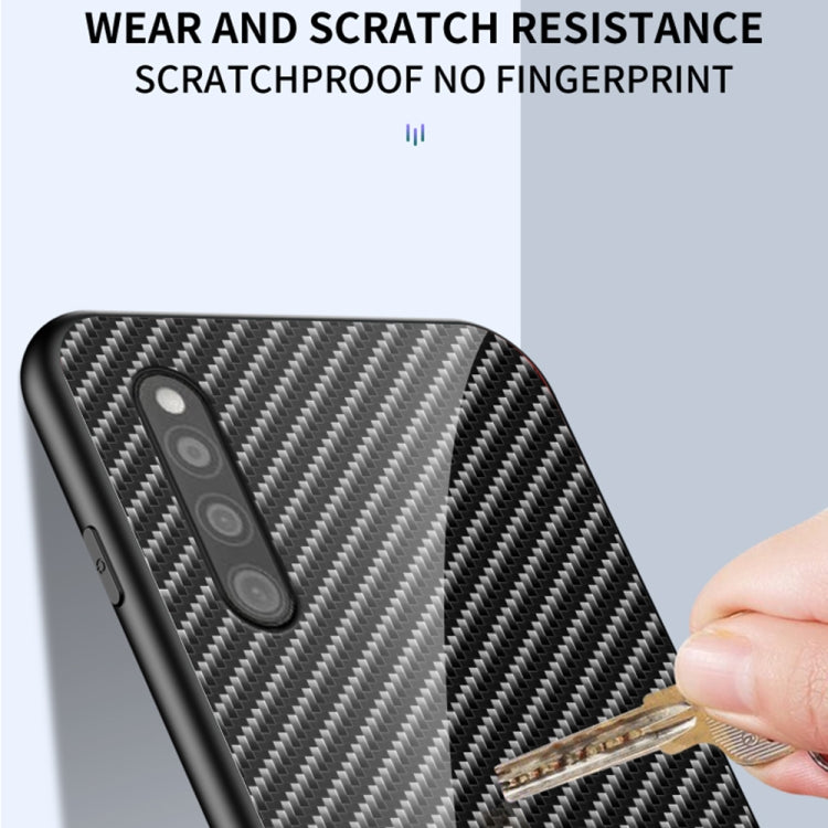 For Samsung Galaxy A41 Gradient Carbon Fiber Texture TPU Border Tempered Glass Case