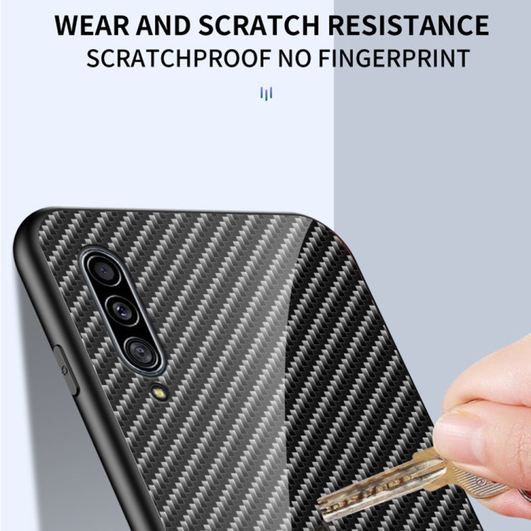 For Samsung Galaxy A50s / A30s / A50 Gradient Carbon Fiber Texture TPU Border Tempered Glass Case