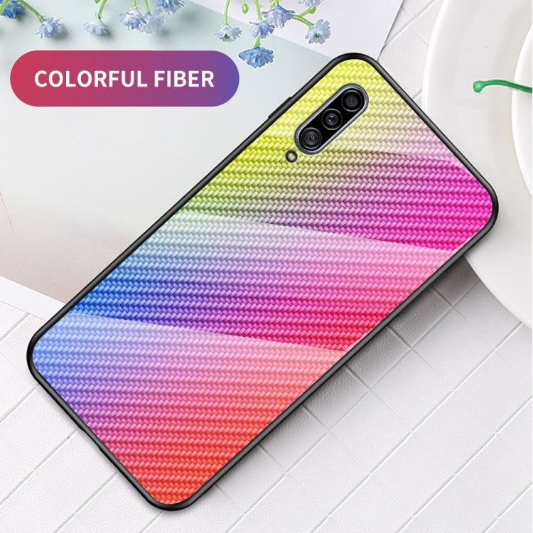 For Samsung Galaxy A50s / A30s / A50 Gradient Carbon Fiber Texture TPU Border Tempered Glass Case