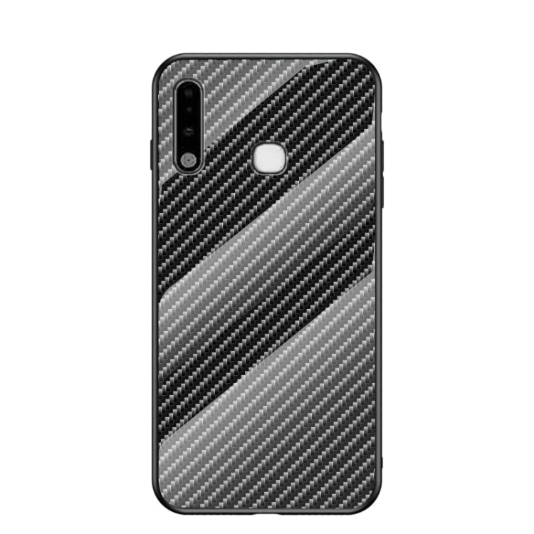 For Samsung Galaxy A70e Gradient Carbon Fiber Texture TPU Border Tempered Glass Case