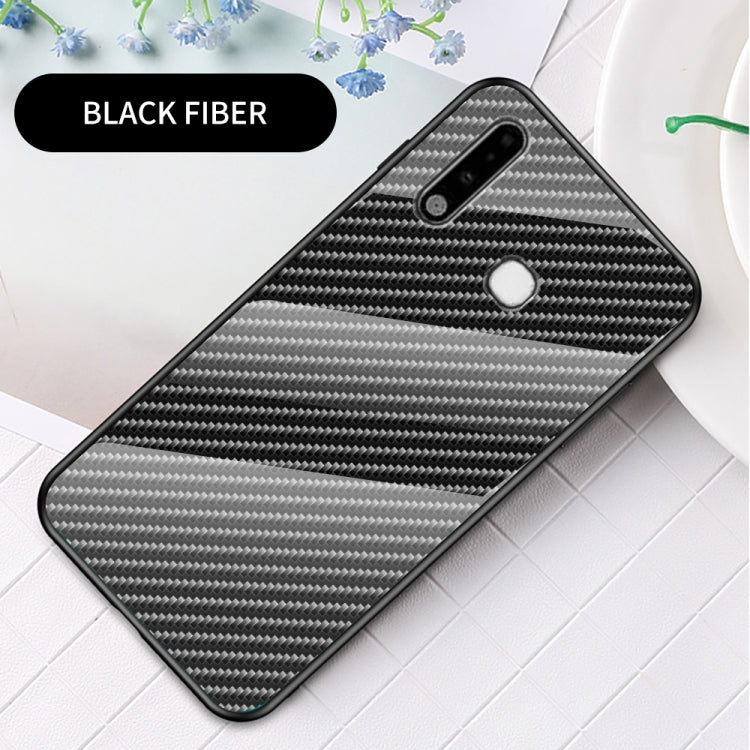 For Samsung Galaxy A70e Gradient Carbon Fiber Texture TPU Border Tempered Glass Case