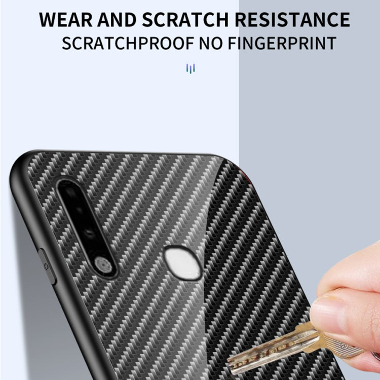 For Samsung Galaxy A70e Gradient Carbon Fiber Texture TPU Border Tempered Glass Case