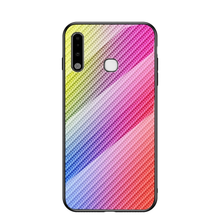 For Samsung Galaxy A70e Gradient Carbon Fiber Texture TPU Border Tempered Glass Case
