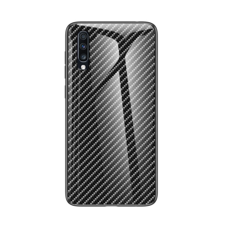 For Samsung Galaxy A70s Gradient Carbon Fiber Texture TPU Border Tempered Glass Case