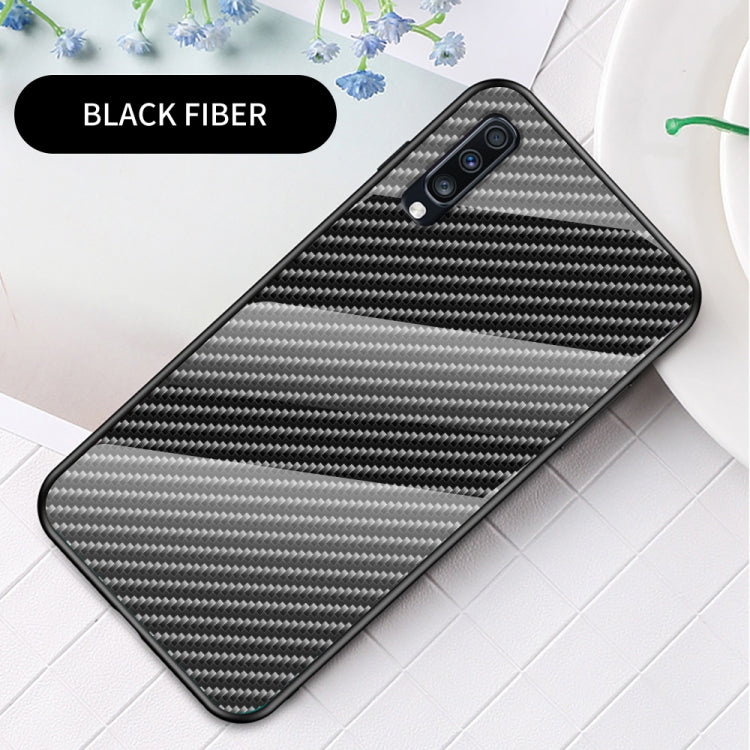 For Samsung Galaxy A70s Gradient Carbon Fiber Texture TPU Border Tempered Glass Case