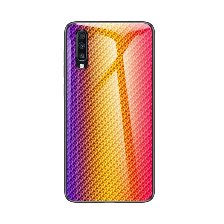For Samsung Galaxy A70s Gradient Carbon Fiber Texture TPU Border Tempered Glass Case