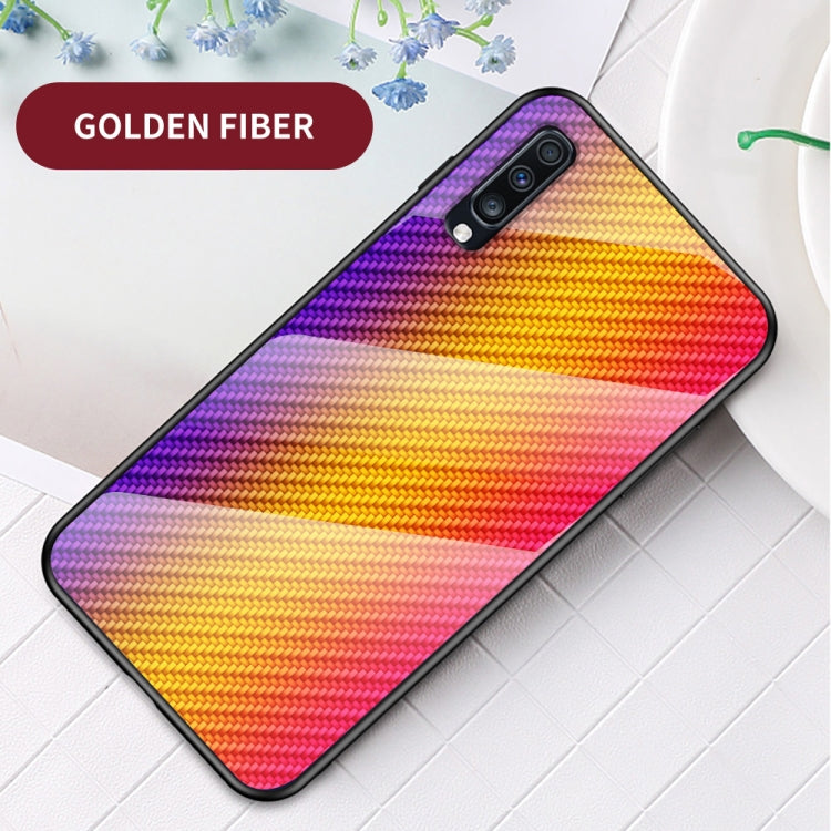 For Samsung Galaxy A70s Gradient Carbon Fiber Texture TPU Border Tempered Glass Case