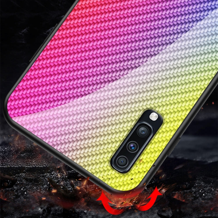 For Samsung Galaxy A70s Gradient Carbon Fiber Texture TPU Border Tempered Glass Case