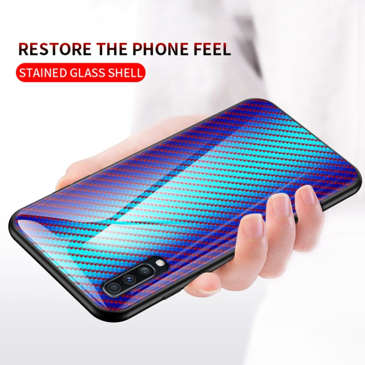 For Samsung Galaxy A70s Gradient Carbon Fiber Texture TPU Border Tempered Glass Case