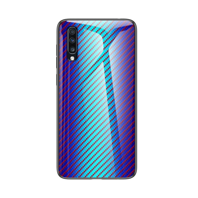 For Samsung Galaxy A70s Gradient Carbon Fiber Texture TPU Border Tempered Glass Case