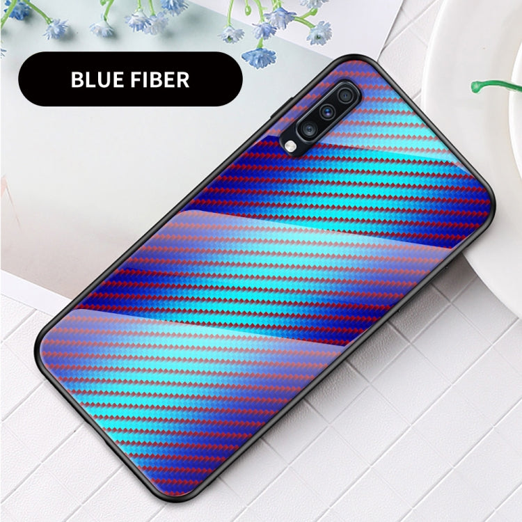For Samsung Galaxy A70s Gradient Carbon Fiber Texture TPU Border Tempered Glass Case