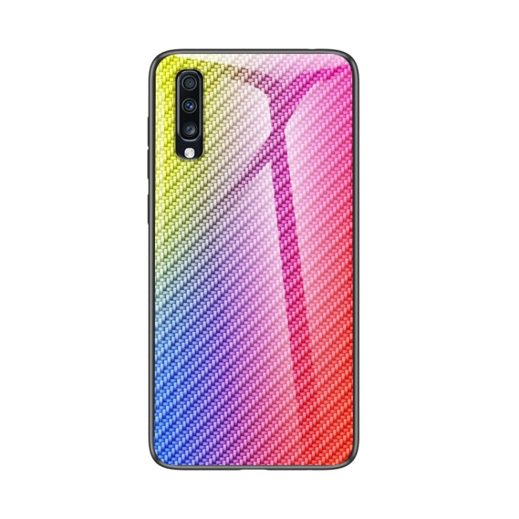 For Samsung Galaxy A70s Gradient Carbon Fiber Texture TPU Border Tempered Glass Case