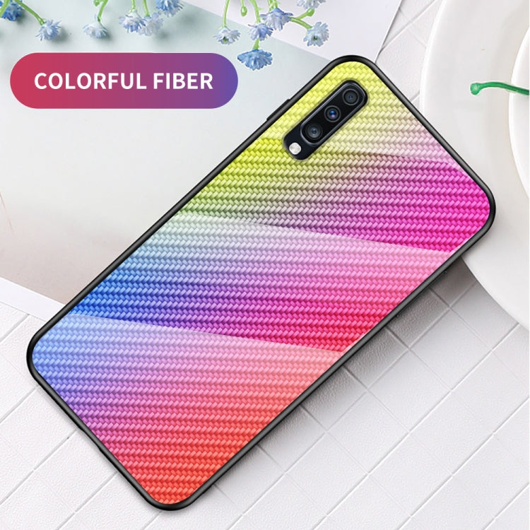 For Samsung Galaxy A70s Gradient Carbon Fiber Texture TPU Border Tempered Glass Case