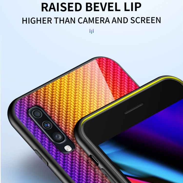 For Samsung Galaxy A70s Gradient Carbon Fiber Texture TPU Border Tempered Glass Case