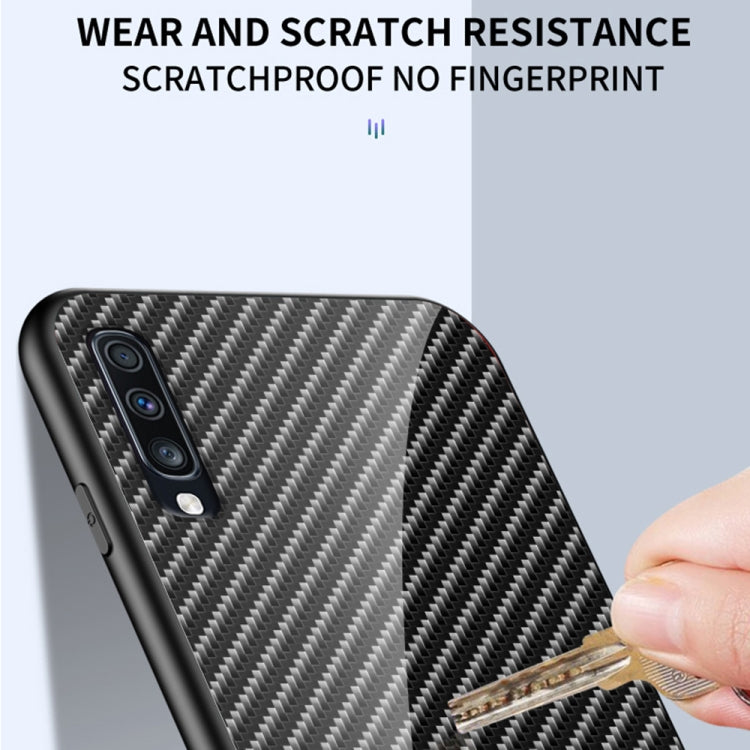 For Samsung Galaxy A70s Gradient Carbon Fiber Texture TPU Border Tempered Glass Case