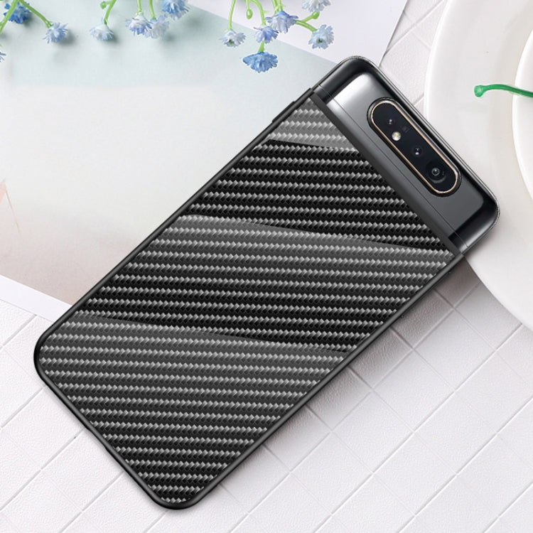 For Samsung Galaxy A80 Gradient Carbon Fiber Texture TPU Border Tempered Glass Case