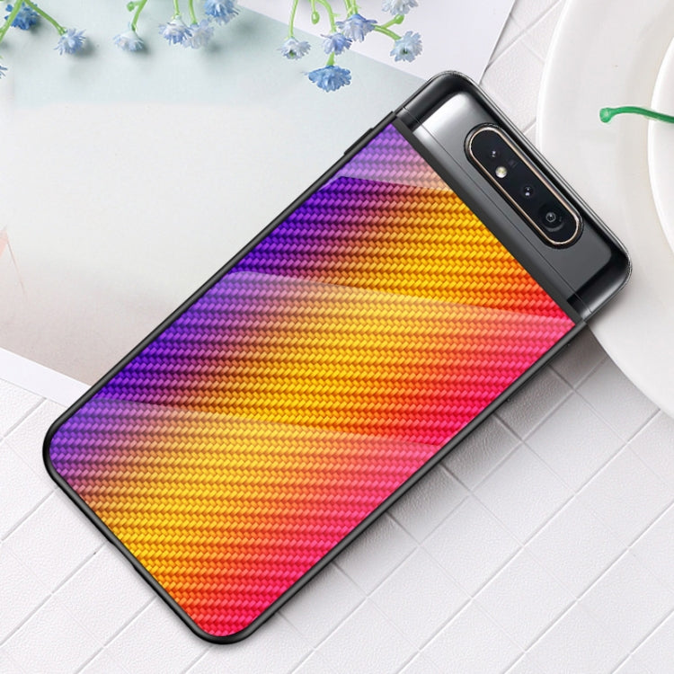 For Samsung Galaxy A80 Gradient Carbon Fiber Texture TPU Border Tempered Glass Case