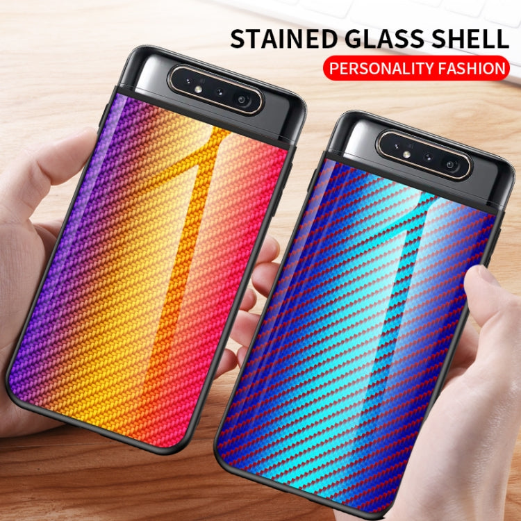For Samsung Galaxy A80 Gradient Carbon Fiber Texture TPU Border Tempered Glass Case