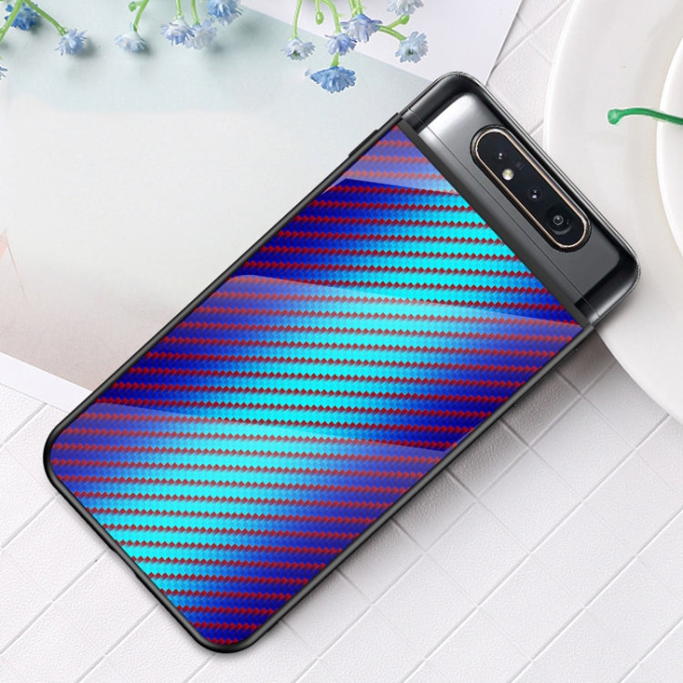 For Samsung Galaxy A80 Gradient Carbon Fiber Texture TPU Border Tempered Glass Case