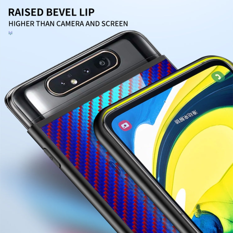 For Samsung Galaxy A80 Gradient Carbon Fiber Texture TPU Border Tempered Glass Case