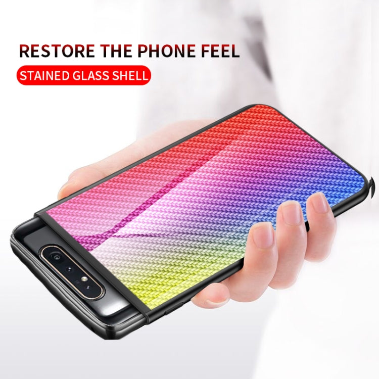 For Samsung Galaxy A80 Gradient Carbon Fiber Texture TPU Border Tempered Glass Case