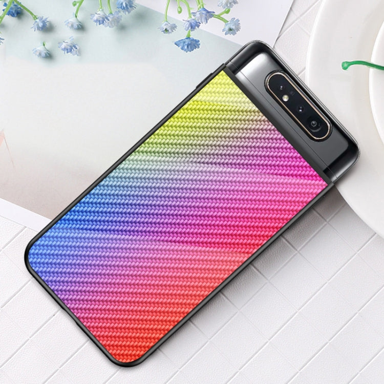 For Samsung Galaxy A80 Gradient Carbon Fiber Texture TPU Border Tempered Glass Case