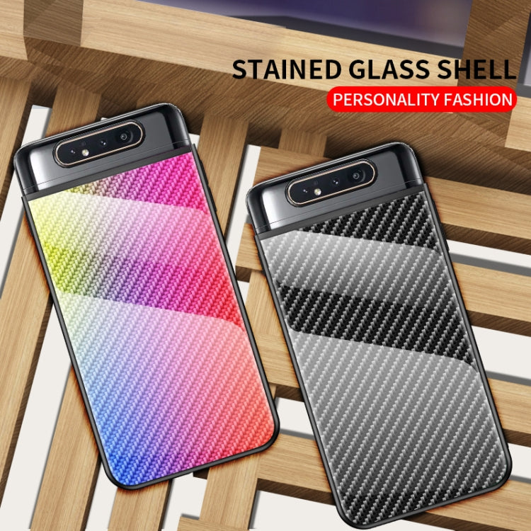 For Samsung Galaxy A80 Gradient Carbon Fiber Texture TPU Border Tempered Glass Case