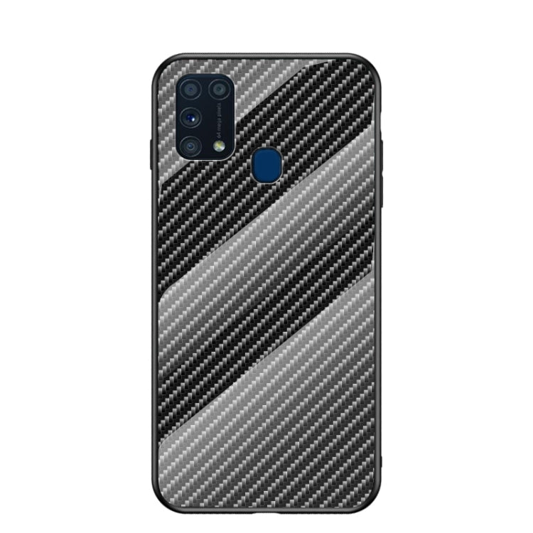 For Samsung Galaxy M31 Gradient Carbon Fiber Texture TPU Border Tempered Glass Case