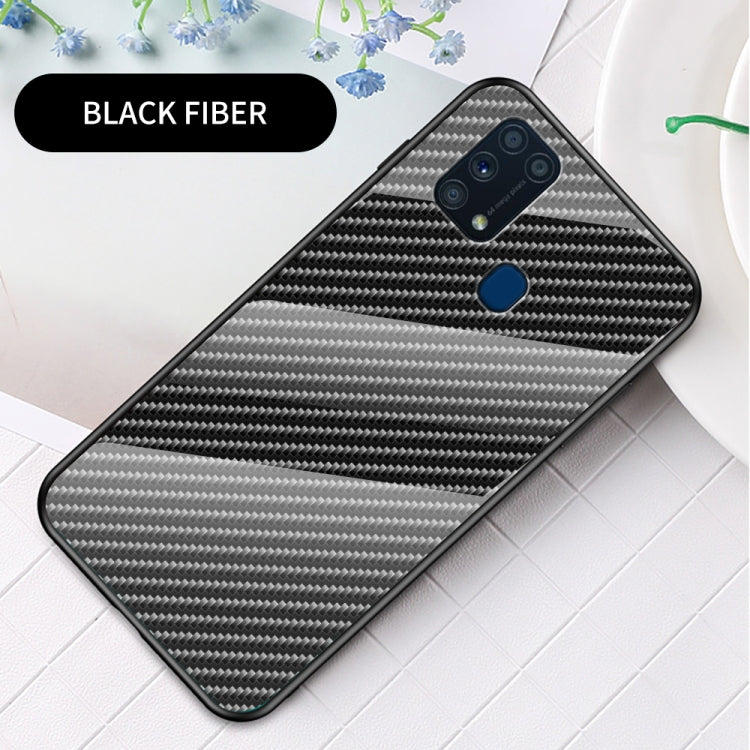 For Samsung Galaxy M31 Gradient Carbon Fiber Texture TPU Border Tempered Glass Case