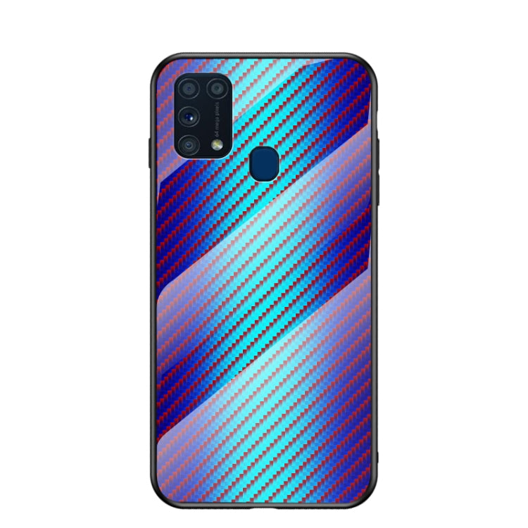 For Samsung Galaxy M31 Gradient Carbon Fiber Texture TPU Border Tempered Glass Case