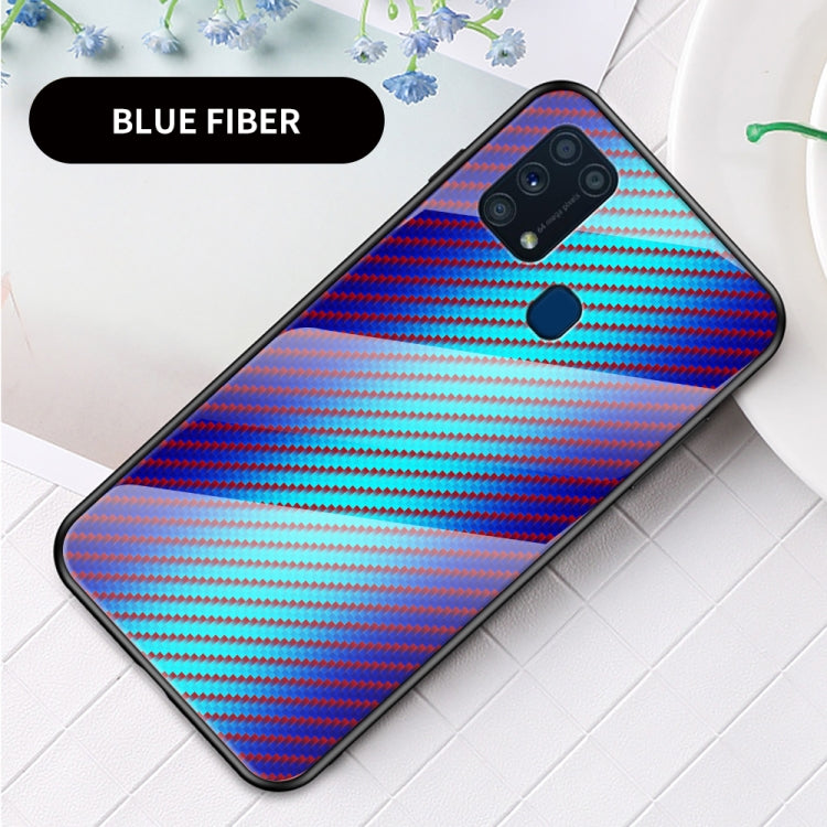 For Samsung Galaxy M31 Gradient Carbon Fiber Texture TPU Border Tempered Glass Case