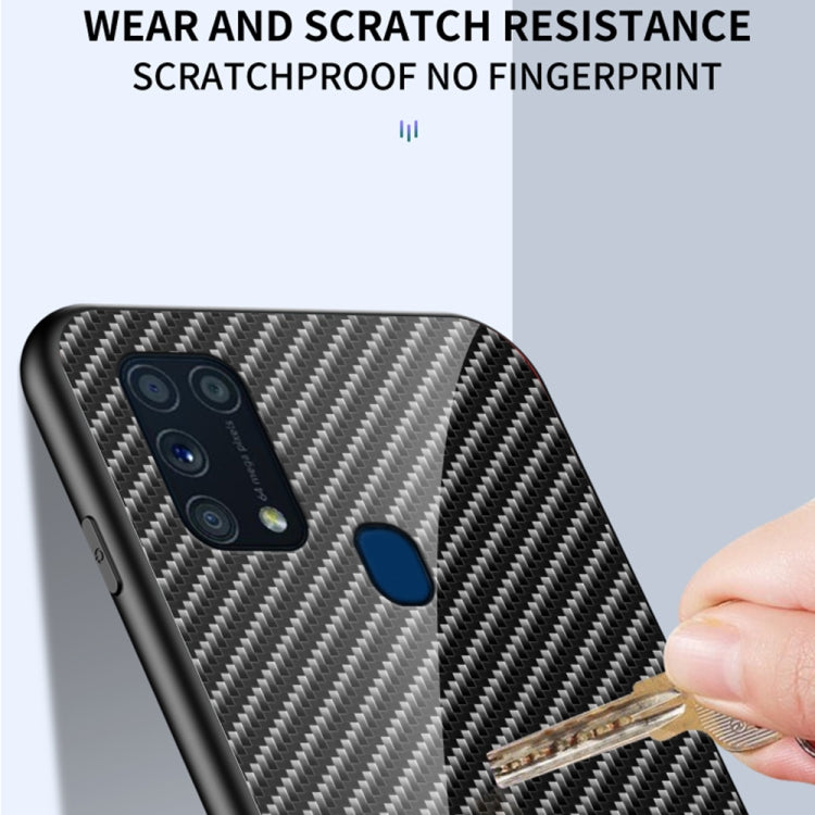 For Samsung Galaxy M31 Gradient Carbon Fiber Texture TPU Border Tempered Glass Case
