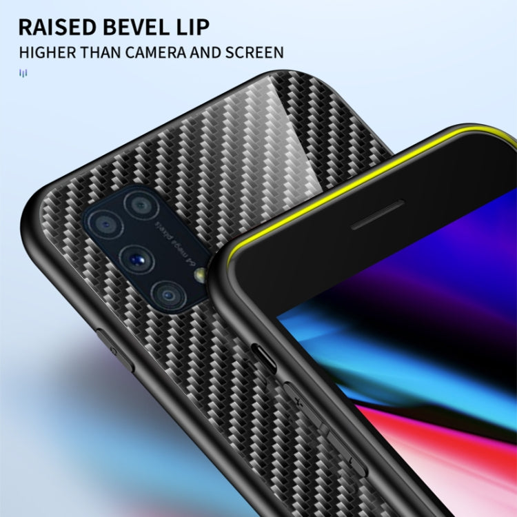 For Samsung Galaxy M31 Gradient Carbon Fiber Texture TPU Border Tempered Glass Case