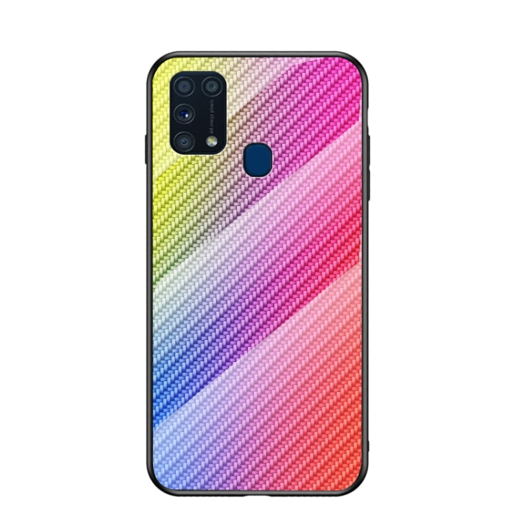 For Samsung Galaxy M31 Gradient Carbon Fiber Texture TPU Border Tempered Glass Case