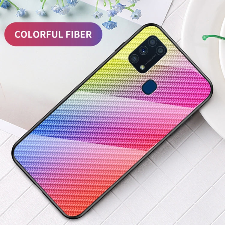 For Samsung Galaxy M31 Gradient Carbon Fiber Texture TPU Border Tempered Glass Case