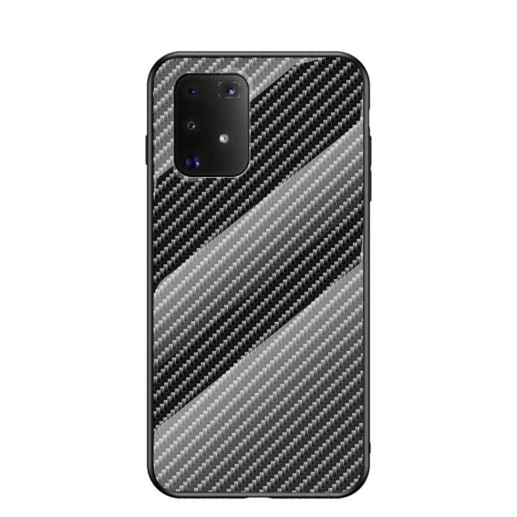 For Samsung Galaxy M80s / A91 Gradient Carbon Fiber Texture TPU Border Tempered Glass Case