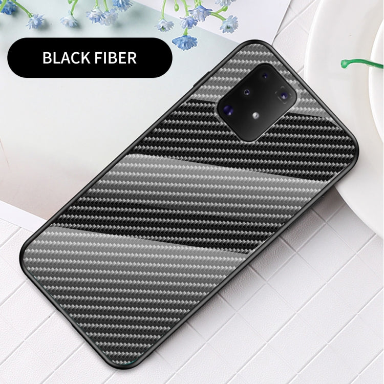For Samsung Galaxy M80s / A91 Gradient Carbon Fiber Texture TPU Border Tempered Glass Case