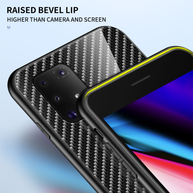 For Samsung Galaxy M80s / A91 Gradient Carbon Fiber Texture TPU Border Tempered Glass Case