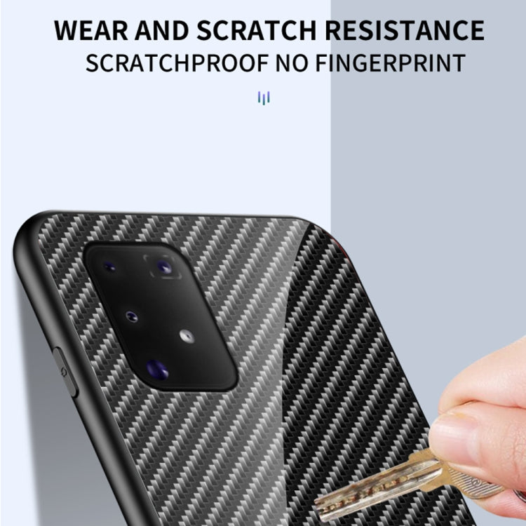For Samsung Galaxy M80s / A91 Gradient Carbon Fiber Texture TPU Border Tempered Glass Case
