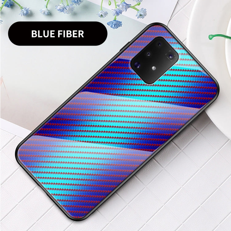 For Samsung Galaxy M80s / A91 Gradient Carbon Fiber Texture TPU Border Tempered Glass Case