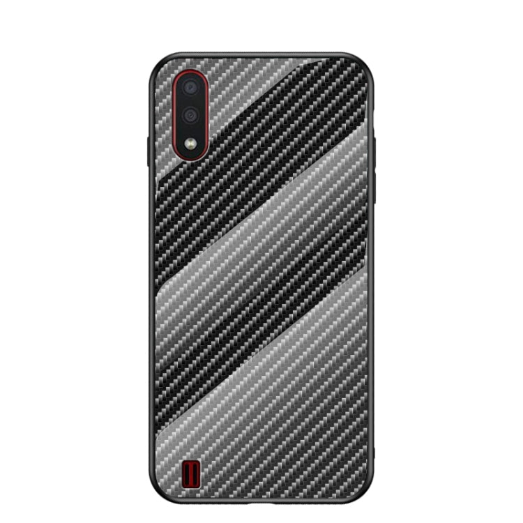 For Samsung Galaxy A01 Gradient Carbon Fiber Texture TPU Border Tempered Glass Case