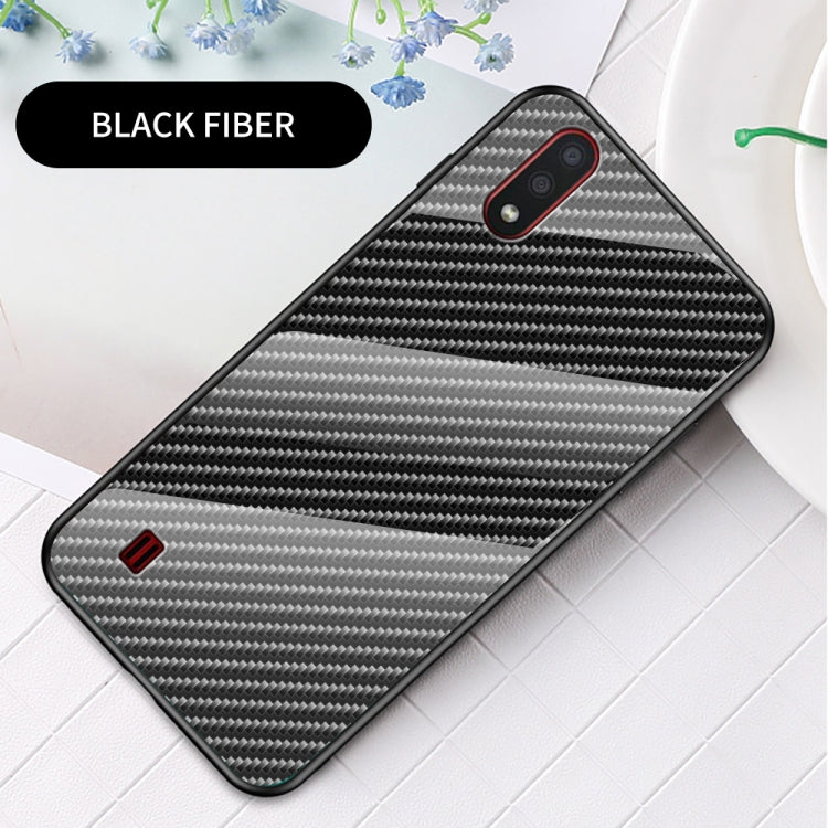 For Samsung Galaxy A01 Gradient Carbon Fiber Texture TPU Border Tempered Glass Case