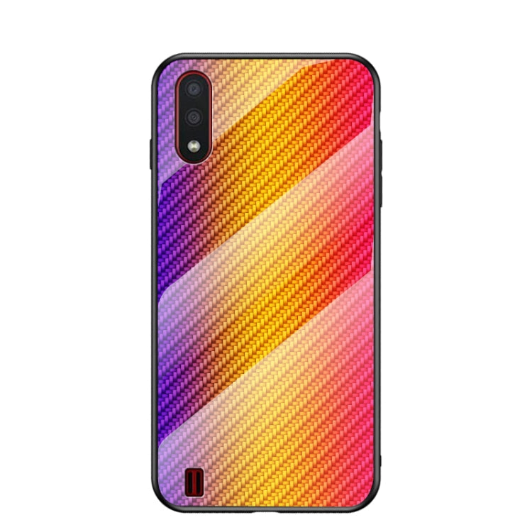 For Samsung Galaxy A01 Gradient Carbon Fiber Texture TPU Border Tempered Glass Case