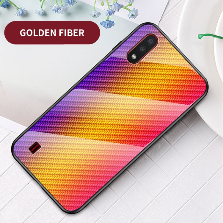 For Samsung Galaxy A01 Gradient Carbon Fiber Texture TPU Border Tempered Glass Case