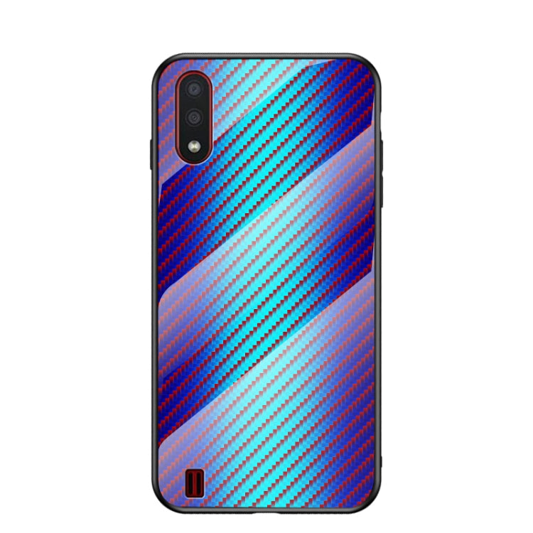 For Samsung Galaxy A01 Gradient Carbon Fiber Texture TPU Border Tempered Glass Case