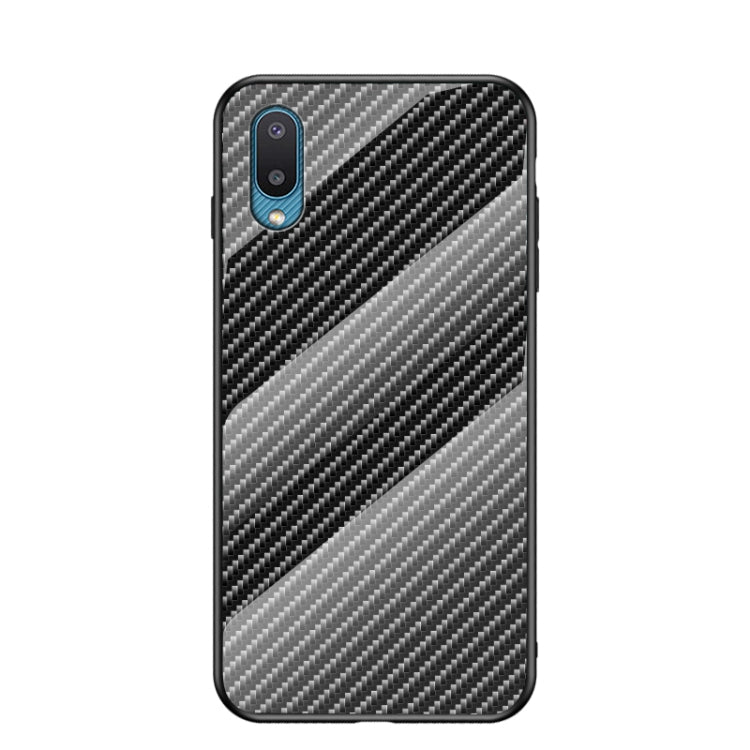 For Samsung Galaxy A02 Gradient Carbon Fiber Texture TPU Border Tempered Glass Case