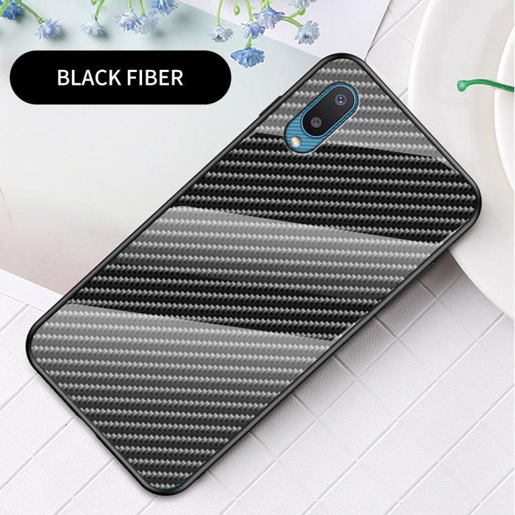 For Samsung Galaxy A02 Gradient Carbon Fiber Texture TPU Border Tempered Glass Case